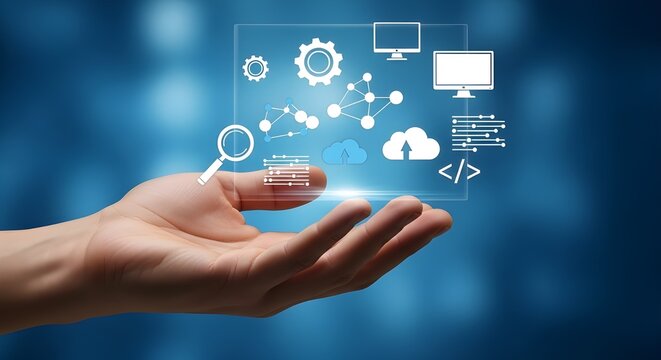 Hand Holding Digital Technology and Cloud Computing Icons image photo