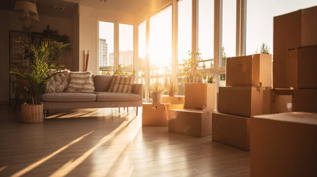 Sunlit living room filled with stacked moving boxes and furniture, showing apartment relocation and new home preparations