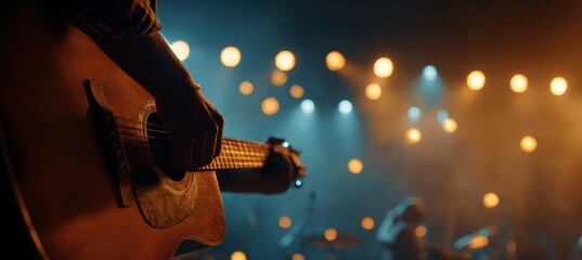 Obraz premium Panoramic Stage Composition Featuring Acoustic Guitar Action in Foreground and Distant Singer Under