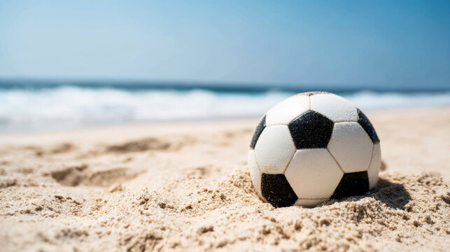 Soccer ball partially covered by vibrant beach sand, symbolizing summer activities, holiday enjoyment, and island recreation