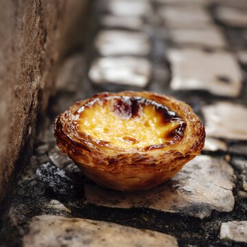 Small alleyway of Lisbon Portugal's secret lie pastis de nata flaky pastry protecting velvety ocean of egg cream clean professional stock photo sharp macro photography style cinematic realism ultra