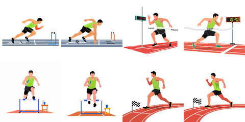 Fototapeta premium Set of Flat Illustrations Featuring a Male Track and Field Athlete During Various Race Stages Including Starting, Hurdling, and Finishing