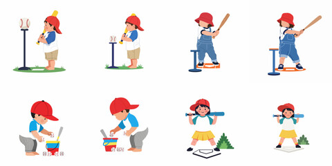 Fototapeta premium A collection of flat vector illustrations featuring young children practicing baseball, batting from a tee, and collecting balls in a bucket.