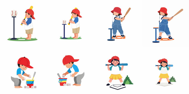 A collection of flat vector illustrations featuring young children practicing baseball, batting from a tee, and collecting balls in a bucket.