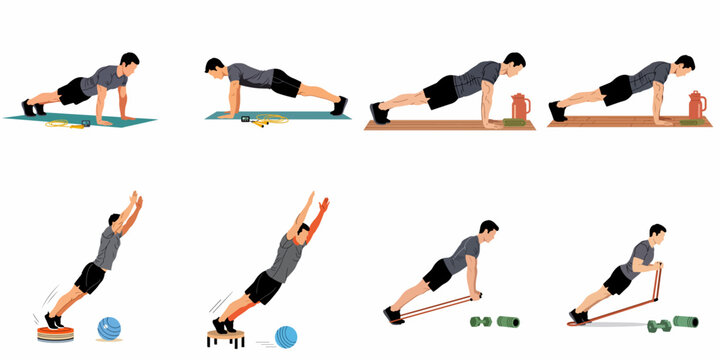 A collection of eight illustrations depicting a man practicing various plank and core strength exercises using different fitness equipment on a white background.