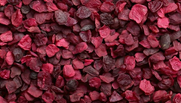 Dehydrated Cranberry Pieces on Textured Surface, Deep Red Color, Sweet and Tart Flavor Profile