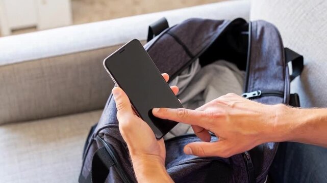 Hands Using Smartphone Above Open Backpack Indoors