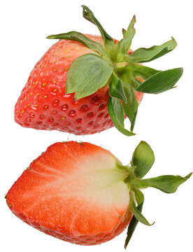 A whole large strawberry and its longitudinal section showing juicy red flesh and light-colored core