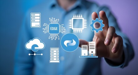 Fototapeta premium Man touching edge computing icons with blue and purple background technology data