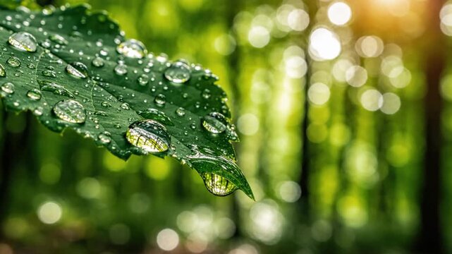 Water droplets on a leaf in a forest with sunlight and blurred trees in the background for nature or environmental concepts