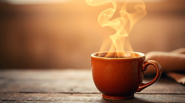 A Cup of Hot Coffee Smoky On a Wooden Table in the Morning
