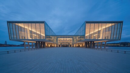A modern glass building with a unique design at dusk near water