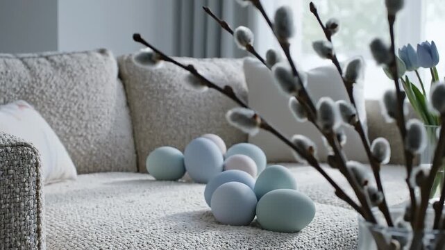 Easter Eggs and Pussy Willow Branches Arranged on a Sofa in a Cozy Living Room