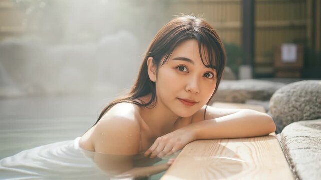 露天風呂の木の縁で穏やかにくつろぐバスタオル姿の美しい女性