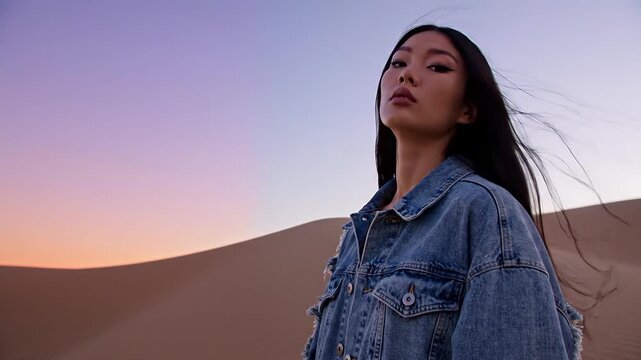 Dramatic low angle shot of a confident Asian woman with windblown hair in a desert at dusk.