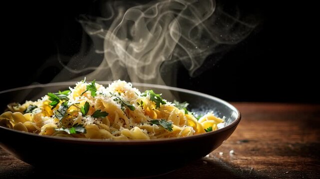 Slow motion close up pan of steaming pasta garnished with parsley and grated cheese on rustic wooden table in kitchen