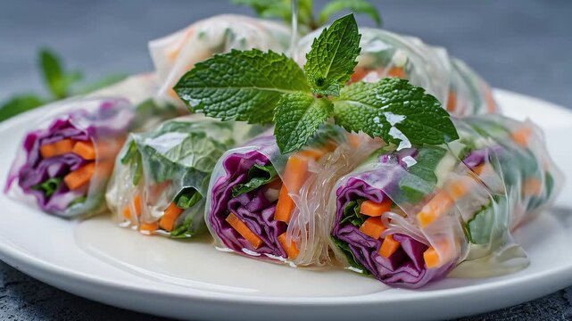 Fresh Spring Rolls With Mint and Vegetables Being Drizzled With Sauce on a White Plate