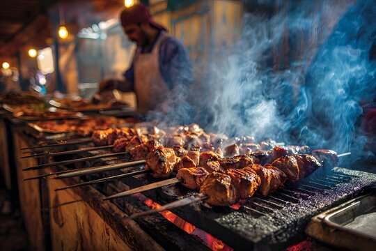 Bustling Moroccan marketplace come alive vibrant color tantalizing aroma merchant grill fresh skewer of lamb festive holiday feast clean professional stock photo sharp macro photography style