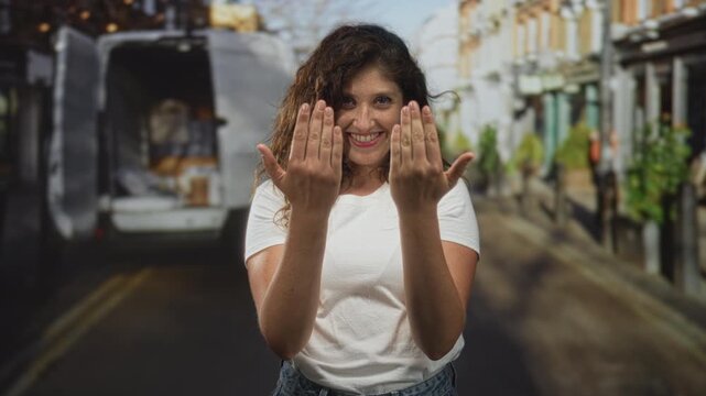 Woman holding hands forward with palms facing camera on street with blurred storefronts and a van in background; joyful welcome.
