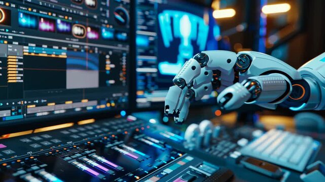 Tracking shot of robotic hand adjusting audio mixing console in futuristic music studio