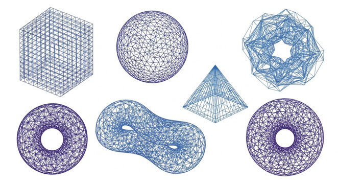 Abstract Geometric Shapes in Blue - Cube, Sphere, Torus, Pyramid.