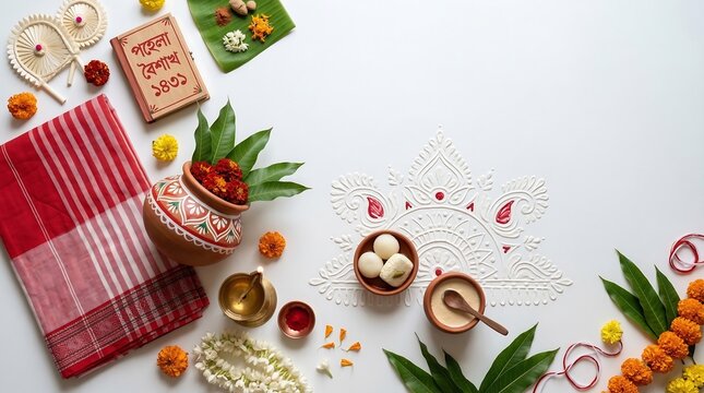 Poila boishakh celebration with traditional bengali items on white background