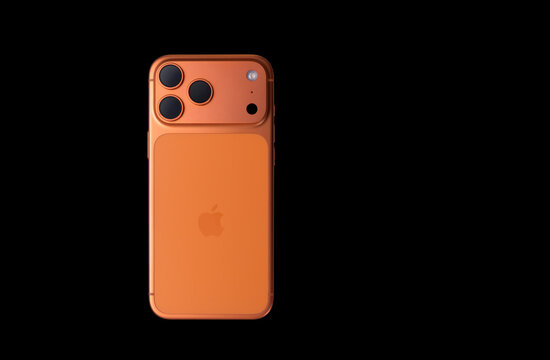 Editorial render of the back view of an orange Apple iPhone 17 Pro Max concept with triple camera lenses - Sonora, Mexico - March 19, 2026