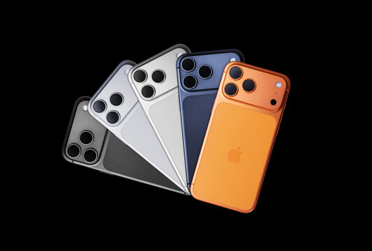 Multiple Apple iPhone 17 Pro Max conceptual devices fanned out to display the new camera block design and color variations - Sonora, Mexico - March 19, 2026