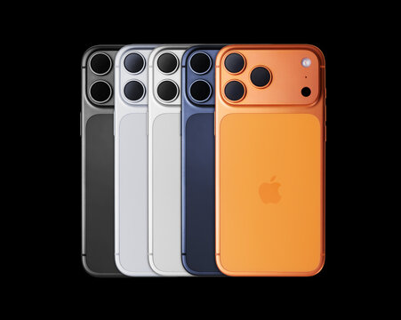 Lineup of Apple iPhone 17 Pro Max conceptual renders in different colors overlapping against a black background - Sonora, Mexico - March 19, 2026