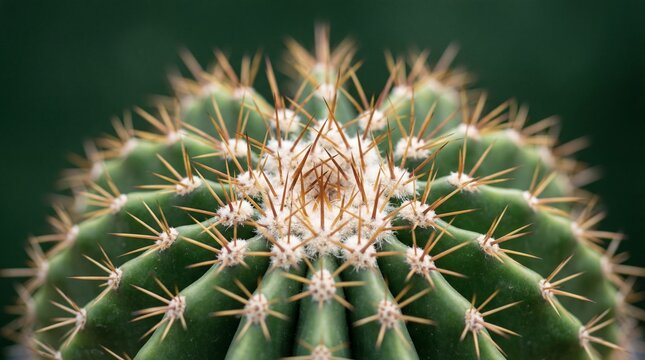 Macro close up of sharp cactus spines and green ribbed body with shallow depth of field