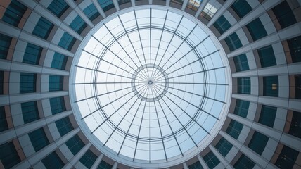 Naklejka premium A large circular glass roof in a modern building interior with many windows