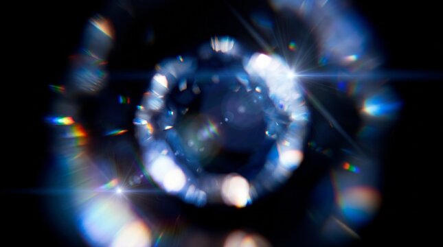 Abstract blue circular lens flare ring with prismatic bokeh effect isolated on black background
