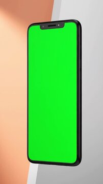 Iphone Mockup, Vertical smartphone showcase with vivid green screen, sleek black border, perfect for app presentation in modern studio setting, frontal view