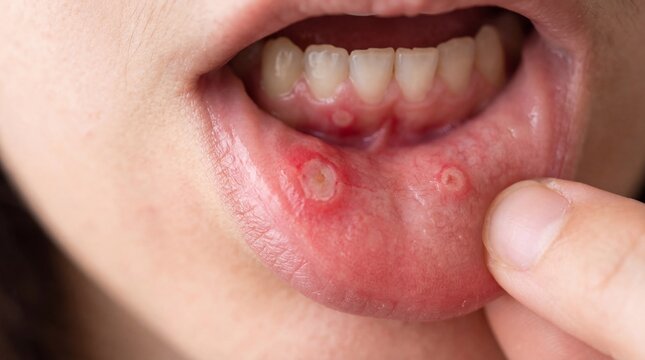 Macro close up of multiple canker sores (aphthous ulcers) on the inner lower lip