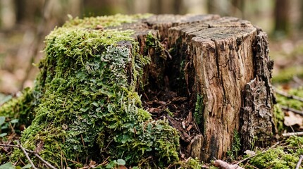 Fototapeta premium Macro close up of an old cracked tree stump covered with green moss in a forest