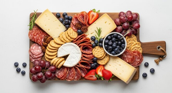 Assorted Cheese and Charcuterie Board with Fresh Fruit on Wooden Serving Platter