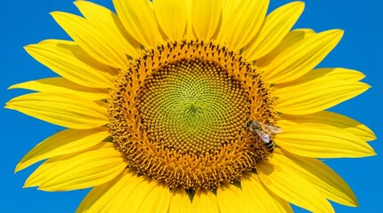 Obraz premium Close up of a vibrant yellow sunflower with a honeybee against a clear blue sky