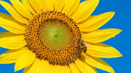 Naklejka premium Close up of a vibrant yellow sunflower with a honeybee against a clear blue sky