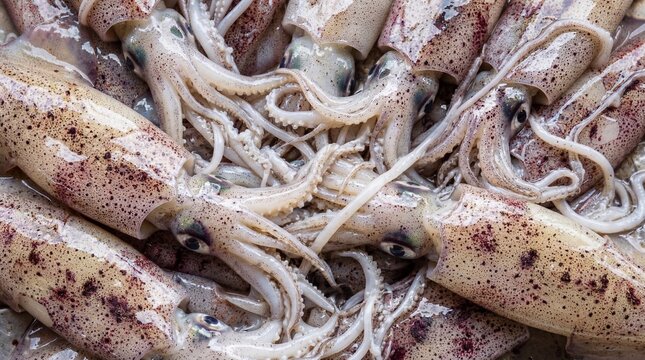 Full frame close up of fresh raw speckled squids at a seafood market