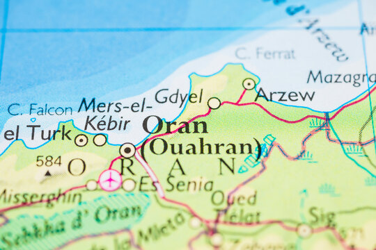Macro view of Oran Ouahran and Arzew on Algeria coastal map.