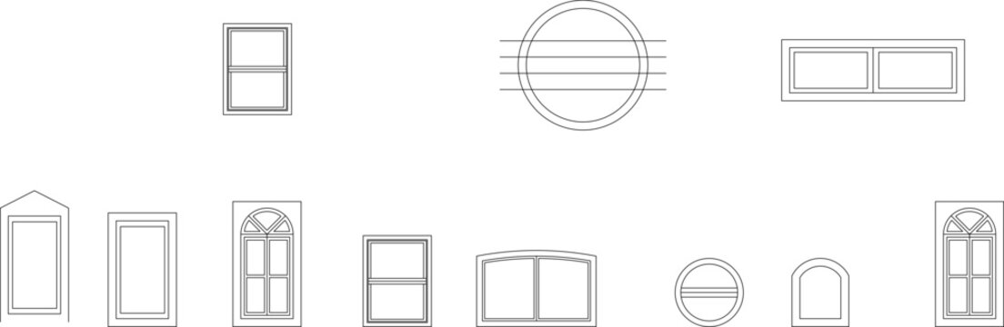 Technical architectural elevation drawing showing various window designs including rectangular, circular, arched tops with different pane configurations and styles.