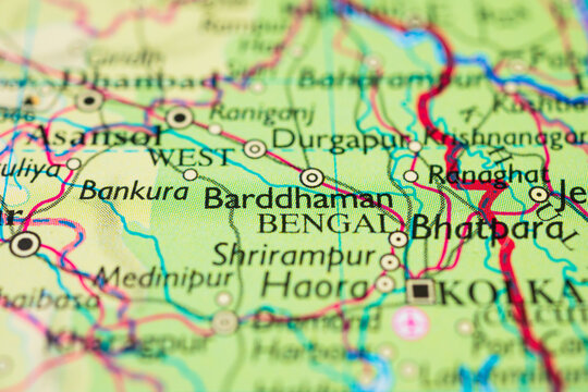 Close up of Barddhaman and Durgapur on political road map of West Bengal India.