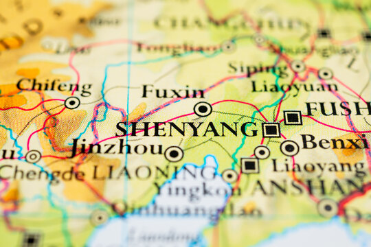 Close up map detail of Shenyang and Liaoning province China.