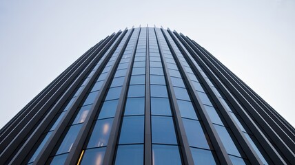 Fototapeta premium A sleek, modern skyscraper with a glass facade against a clear sky