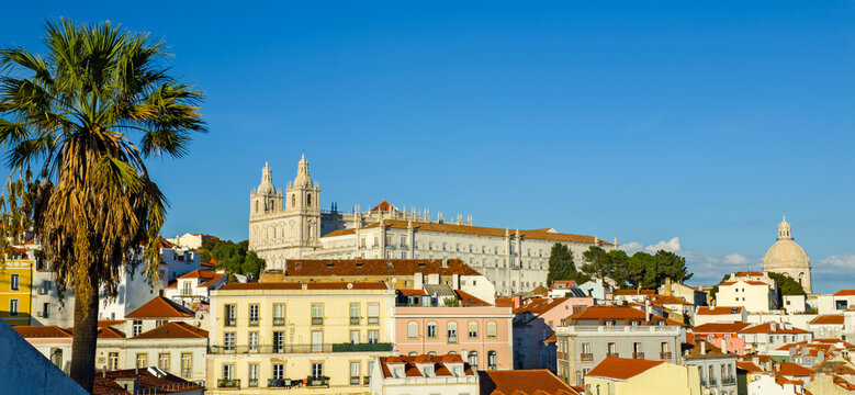 Europe, Portugal, Lisbon.  View of the Monastery of S&atilde;o Vicente de Fora and the Santa Engracia Church,( National Pantheon), overlooking the Alfama district.