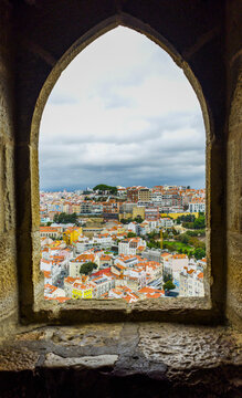 Europe, Portugal, Lisbon.  Lisbonl skyline as viewed from the corner battlement of the Castle of Sao Jorge or St George.