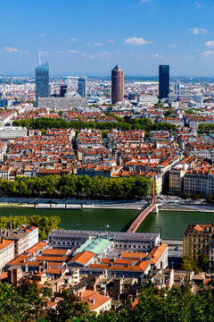 Views of the city and three tall buildings from left to right are, the Tour Incity building, the Radisson Blu Hotel and the EDF Tower in Lyon, France.
