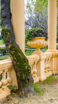 Europe, Portugal, Aveiro.  Parque Dom Pedro Infante in Aveiro. Stone balustrade with pergola and columns.