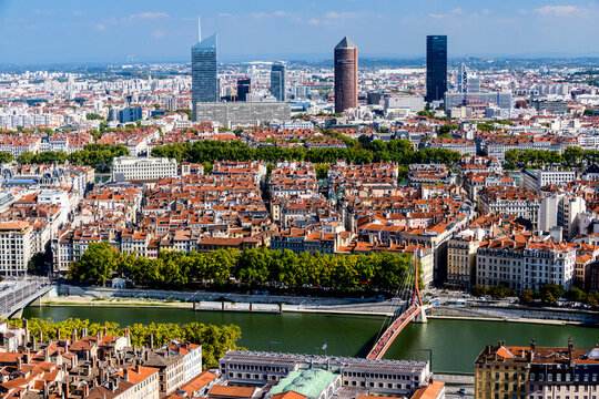 Views of the city and three tall buildings from left to right are, the Tour Incity building, the Radisson Blu Hotel and the EDF Tower in Lyon, France.