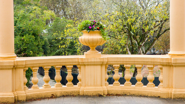 Europe, Portugal, Aveiro.  Parque Dom Pedro Infante in Aveiro. Stone balustrade with pergola and columns.